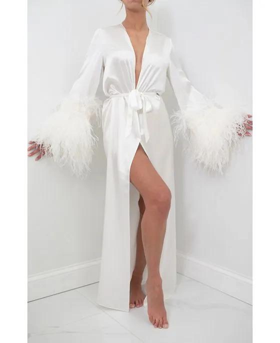 Women's Silk Long Robe - Double Ostrich Feather Sleeve Trim - Silk Collection