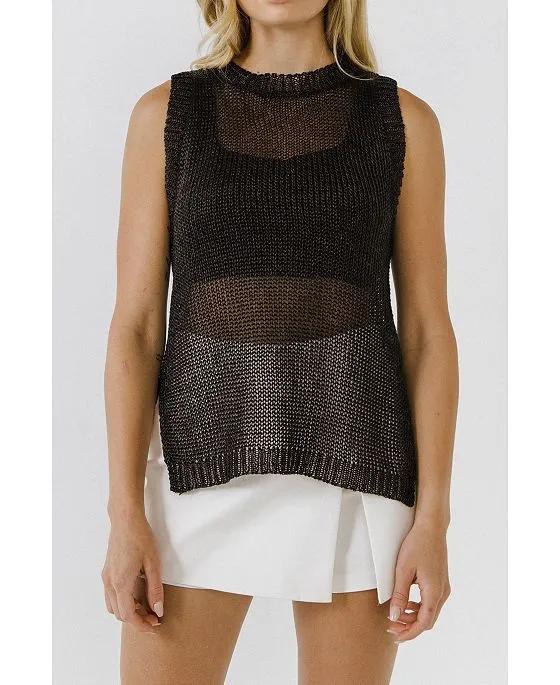 Women's Sleeveless Knit Sheer Top With Back Keyhole