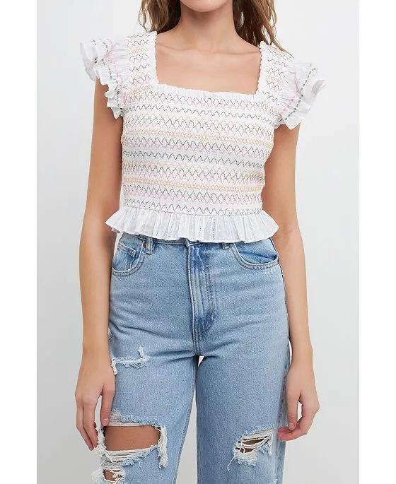 Women's Smocked Multi Color Embroidered Crop Top