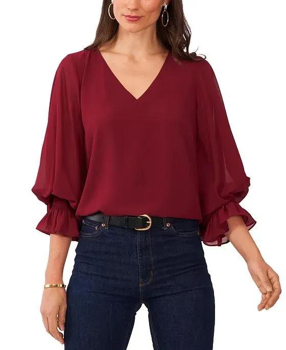 Women's Solid-Color V-Neck Blouson-Sleeve Top