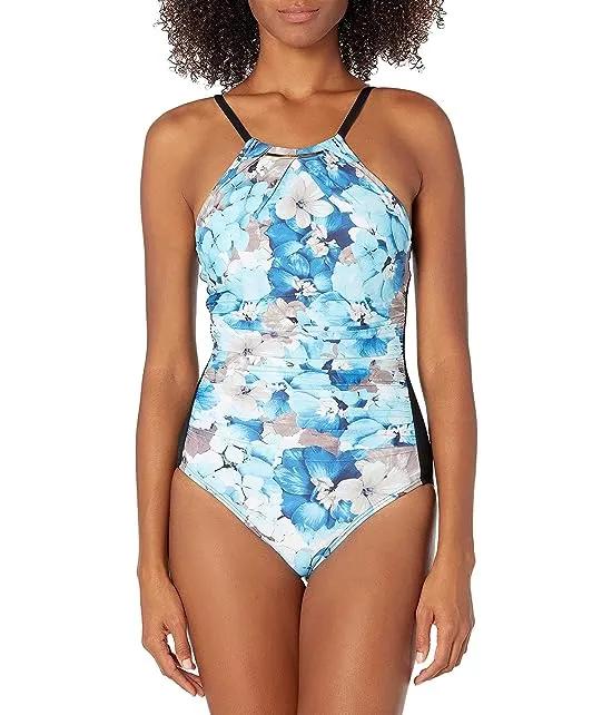 Women's Solid High Neck Pleated One Piece Swimsuit