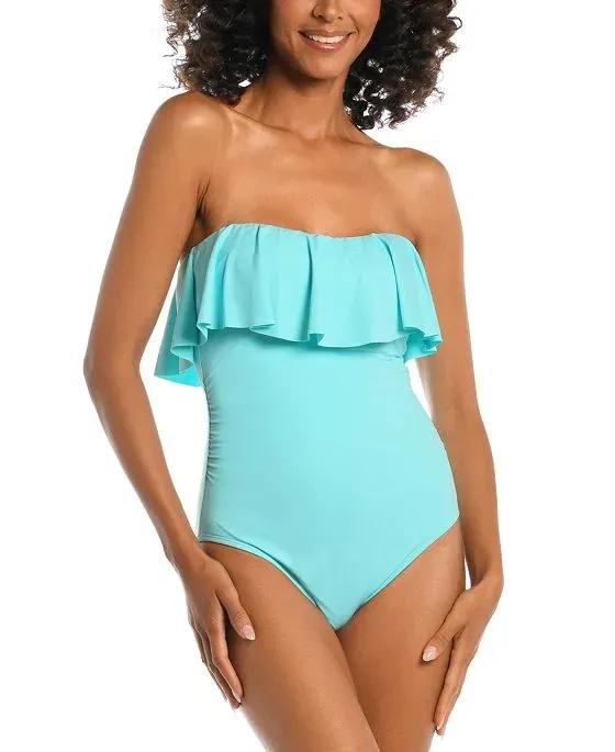 Women's Solid Ruffled Bandeau One-Piece Removable-Strap Swimsuit