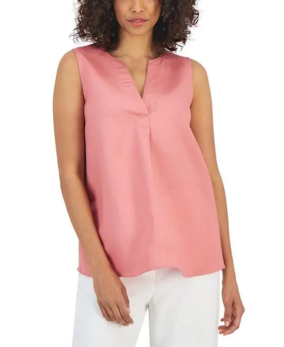 Women's Split-Neck Sleeveless Linen-Blend Top, Created for Macy's 