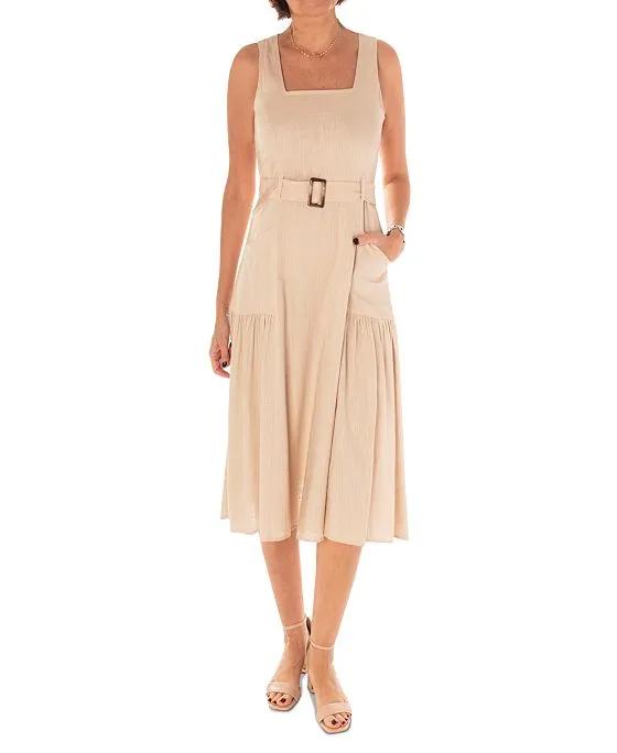 Women's Square-Neck Belted Sleeveless A-Line Dress