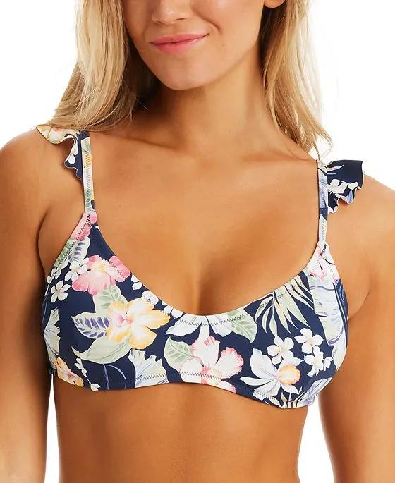 Women's Stranded In Paradise Floral-Print Ruffled-Shoulder Bikini Bra Top