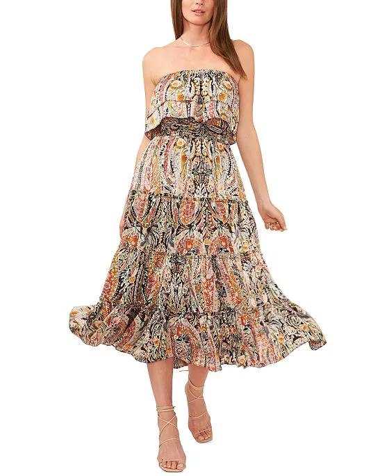 Women's Strapless Tiered Ruffle Midi Dress