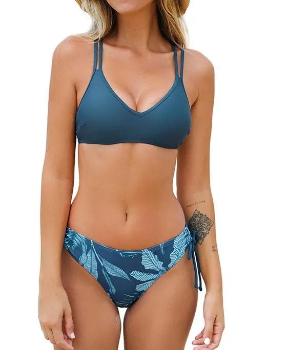 Women's Strappy Bralette & Leaf Print Ruched Drawstring Bikini Set