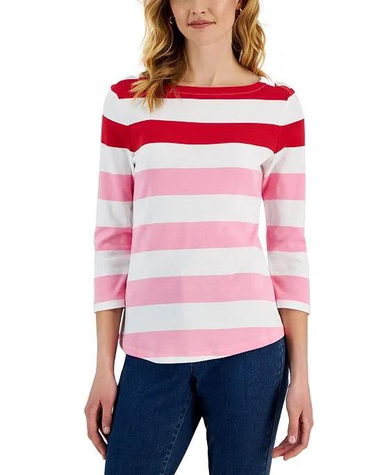Women's Striped Boat-Neck 3/4-Sleeve Top, Created for Macy's