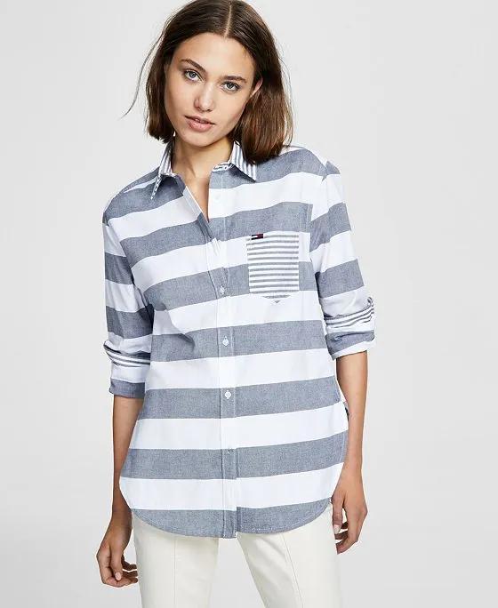 Women's Striped Contrast-Collar Shirt