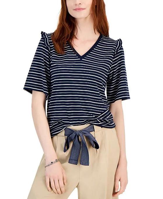Women's Striped Ruffle-Trim Boxy T-Shirt