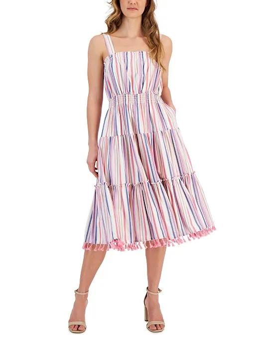 Women's Striped Sleeveless Tassel-Hem Dress