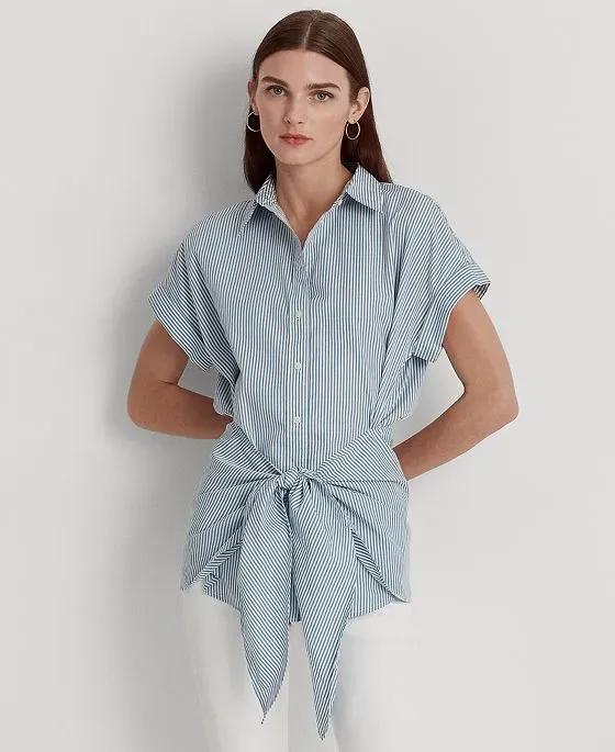 Women's Striped Tie-Front Cotton Broadcloth Shirt