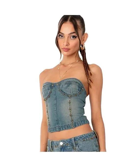 Women's Studded Washed Denim Lace Up Corset Top