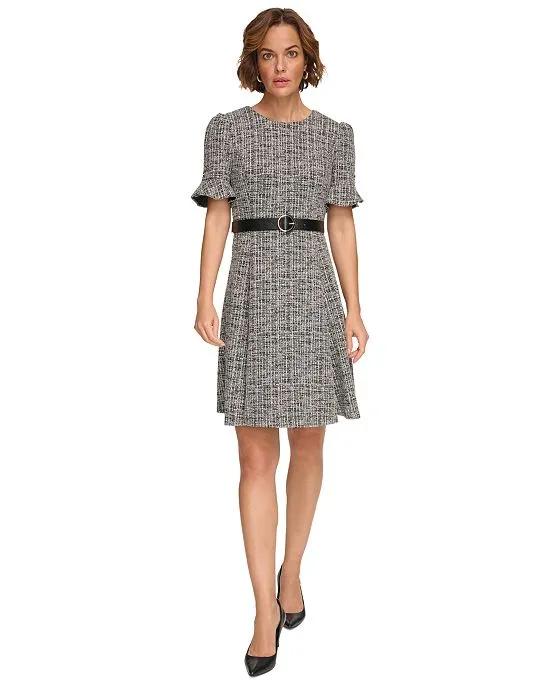 Women's Textured-Knit Belted Fit & Flare Dress