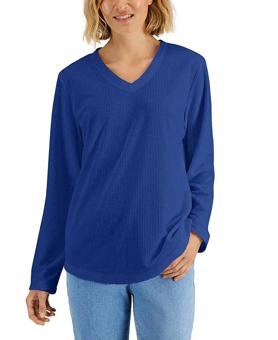 Women's Textured Microfleece V-Neck Top, Created for Macy's