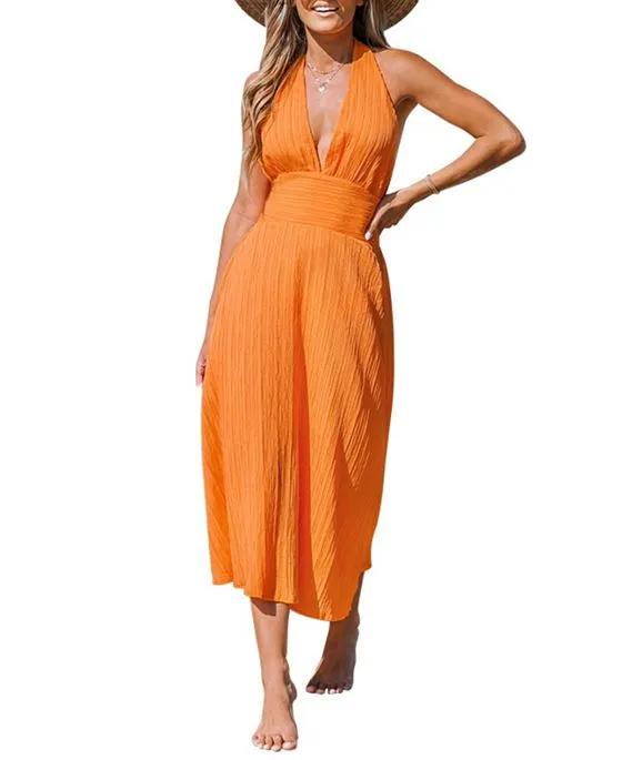 Women's Textured Orange Bow Tie Midi Cover Up Dress