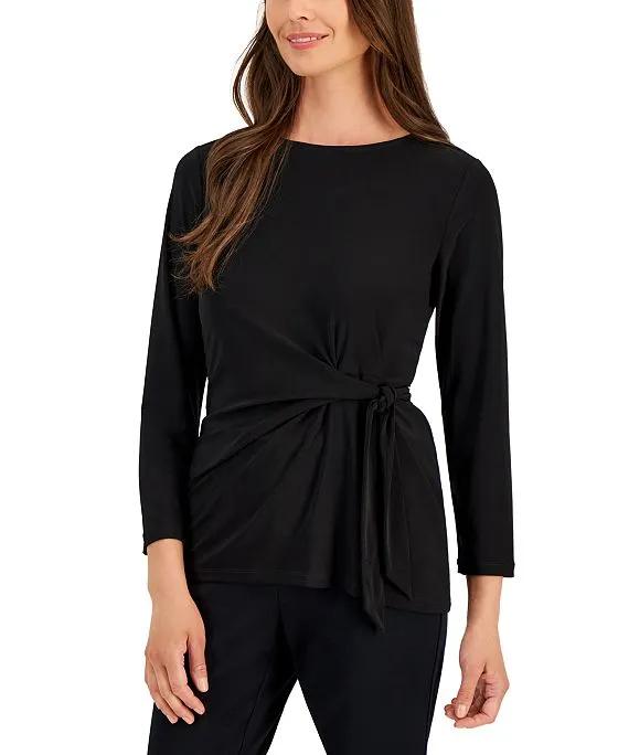 Women's Tie-Front Ruched Long-Sleeve Top