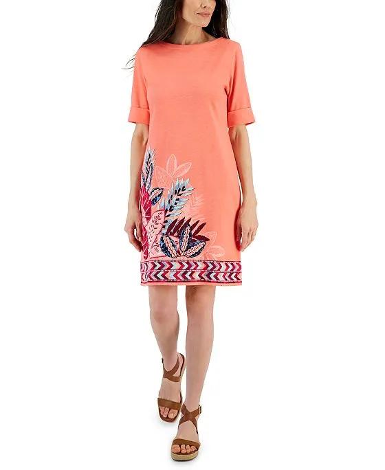 Women's Tropical-Print Elbow-Sleeve Boat-Neck Knit Dress, Created for Macy's