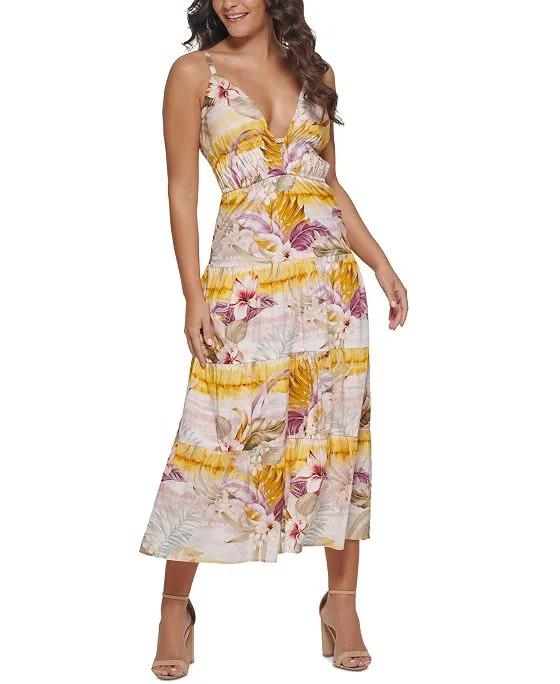 Women's Tropical-Print Plunge-Neck Maxi Dress