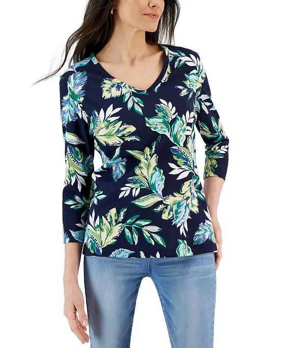 Women's Tropical Printed 3/4 Sleeve V-Neck Knit Top, Created for Macy's