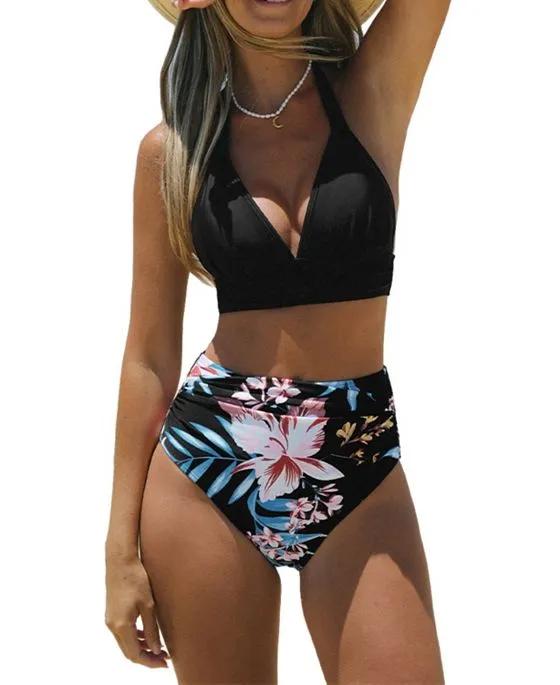 Women's Tropical Vibes Halter Tall Tri & Shirred Bikini Set