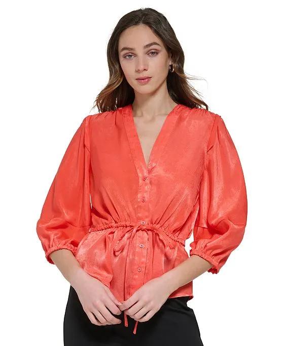 Women's V-Neck 3/4-Sleeve Button-Front Blouse