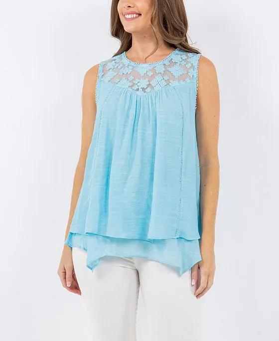 Women's Woven Top with Lace Yoke Double Layer Hem