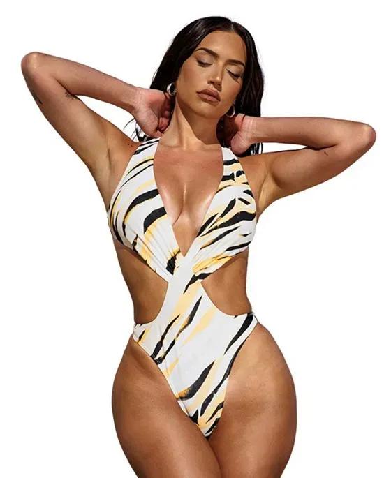 Women's X STASSIE Oasis Shiny Plunge Cutout Monokini Swimsuit