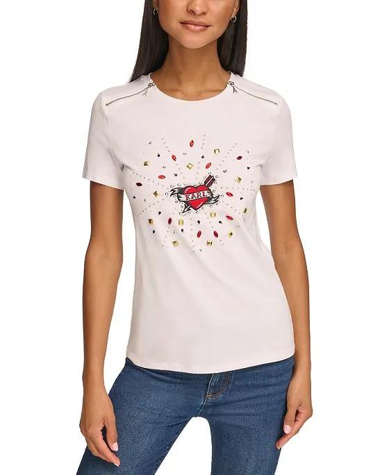 Women's Zip-Shoulder Embellished Heart T-Shirt