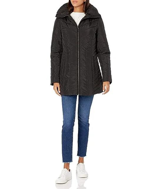 Women's Zip-up Puffer with Faux Fur Trimmed Hood,Taupe,SM