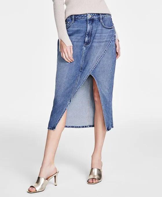 Womens Asymmetrical-Slit Cotton Denim Skirt 