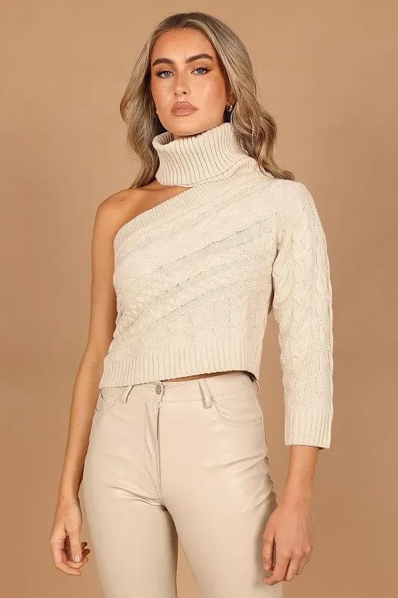 Womens Goldie Turtleneck One-Shoulder Cut-Out Knit Sweater