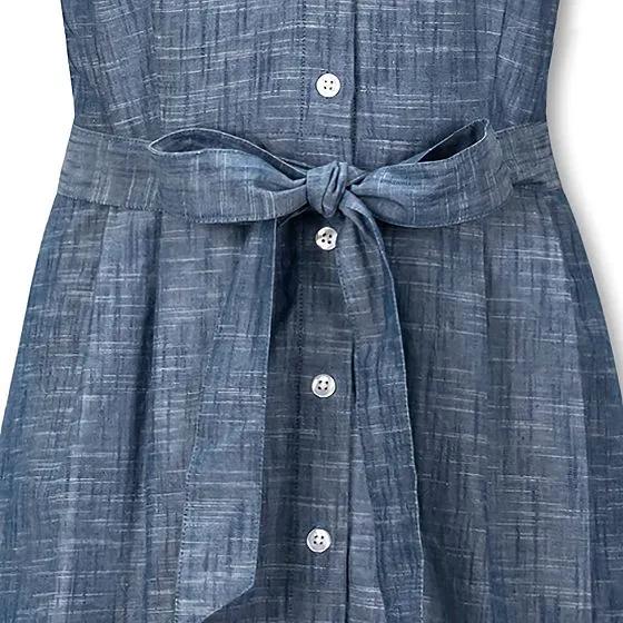 Womens' Short Sleeve Button Front Chambray Dress with Waist Sash