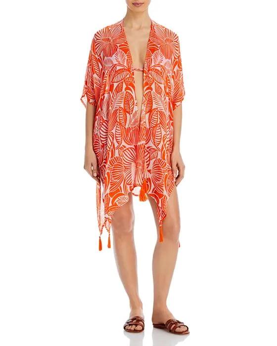 Woodcut Floral Duster Swim Cover-Up