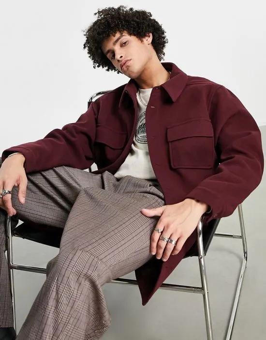 wool look shacket in burgundy