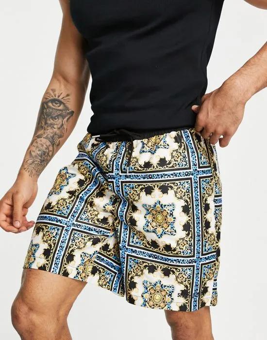 woven shorts in blue with all over tile print - part of a set