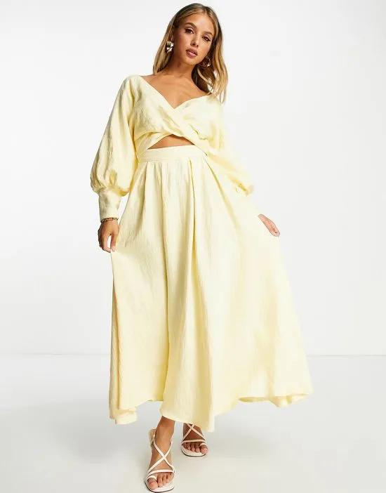 wrap bodice midi dress with full skirt in lemon