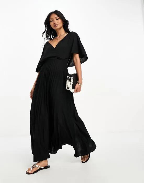 wrap flutter sleeve midi dress with pleat skirt in black