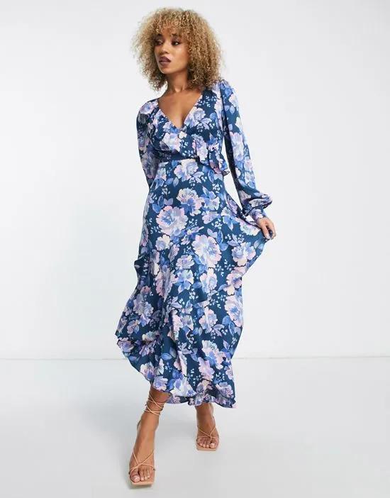 wrap front maxi dress with frill detail in dark green floral