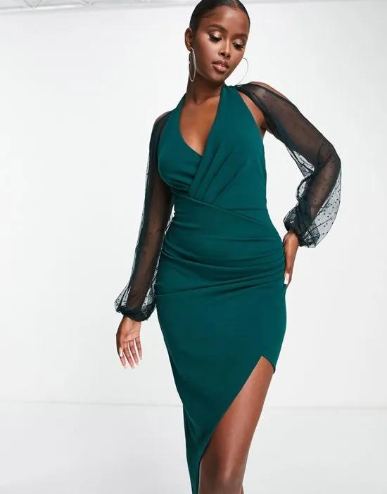 wrap front midi dress with organza balloon sleeves in emerald green