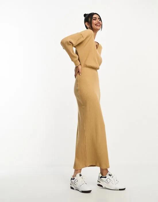 wrap front midi super soft ribbed dress with long sleeve in camel