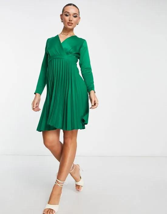 wrap front pleated midi skater dress in emerald