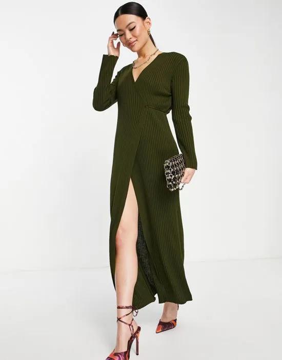 wrap knitted midi dress in forest green