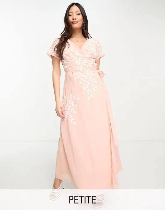 wrap midaxi dress with contrast embroidery in peach