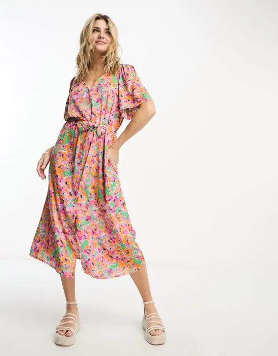 wrap midi dress in pink floral print
