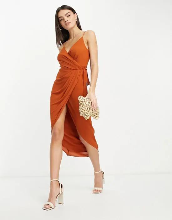 wrap midi dress with tie side in rust
