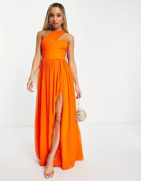 wrap over shoulder pleated maxi dress in orange