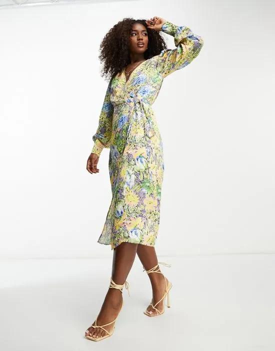 wrap tie midi dress in yellow and green floral