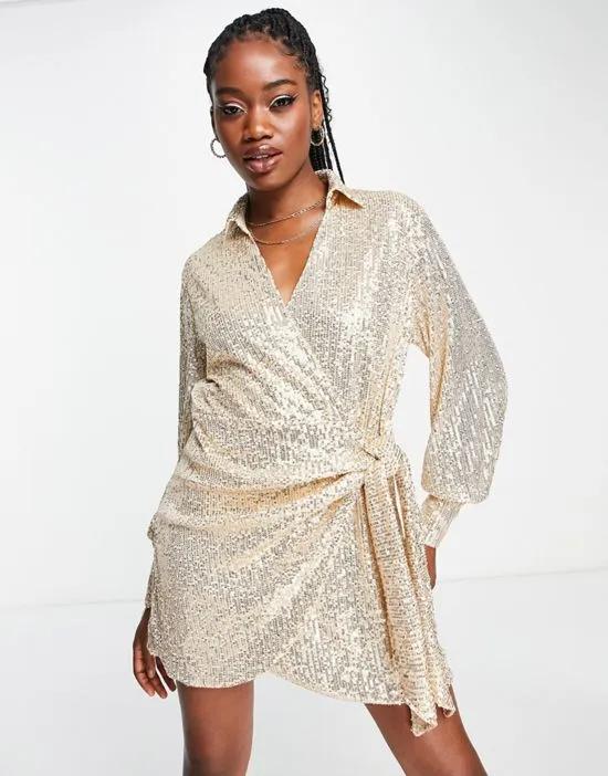 wrap tie sequin shirt dress in champagne