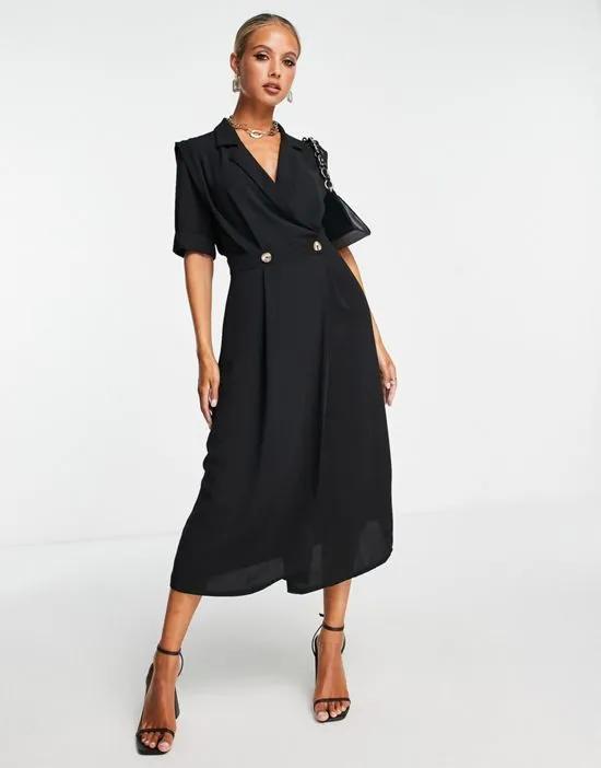 wrap tux midi dress with shoulder pads in black
